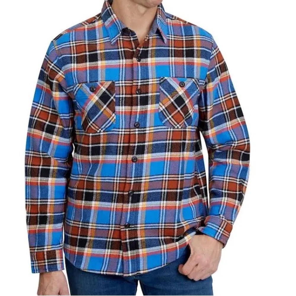 Lands' End Men's Flannel Rugged Shirt Sea Cliff Blue Plaid
